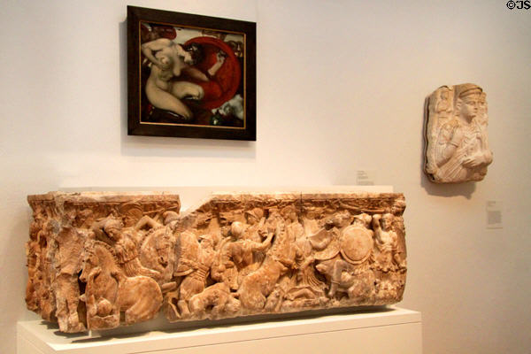 Roman marble sarcophagus & funerary reliefs under German painting with Roman theme at Harvard Art Museums. Cambridge, MA.