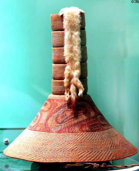 Tlingit basketry hat & cover (early 19th C) at Peabody Museum. Cambridge, MA.