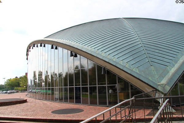 Modern windows meet roof of Kresge Auditorium. Cambridge, MA.