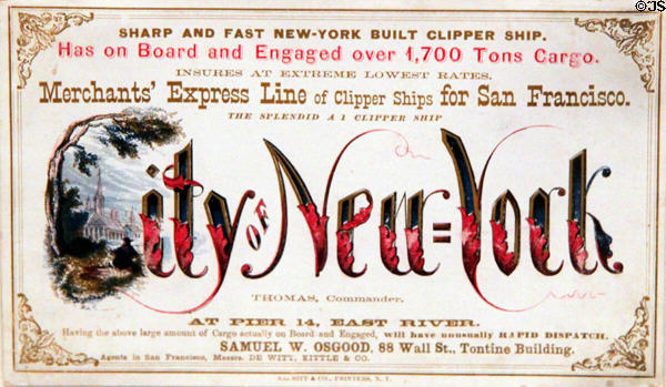 Clipper card for Clipper City of New York (1840-60) at Peabody Essex Museum. Salem, MA.