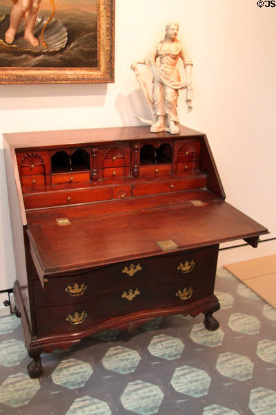 Gentleman's desk (1760-80) from Salem with carving of figure of hope (1790-1800) at Peabody Essex Museum. Salem, MA.