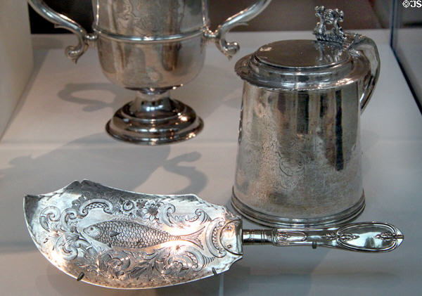 American silver fish server (1850-70) & Tankard (1695) by Edward Winslow at Peabody Essex Museum. Salem, MA.