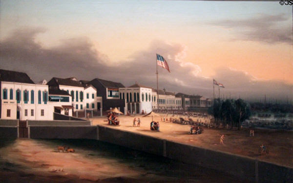 Painting (c1835) of Canton China porcelain factory such as visited by New England trading ships at Peabody Essex Museum. Salem, MA.