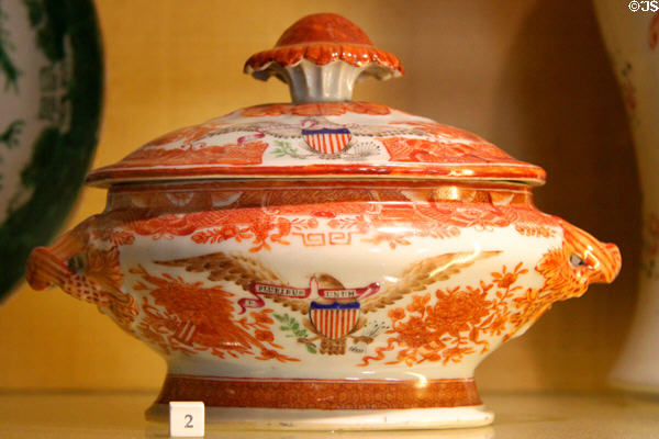 Chinese export tureen (c1815) with American eagle holding E Pluribus Unum ribbon & shield at Peabody Essex Museum. Salem, MA.