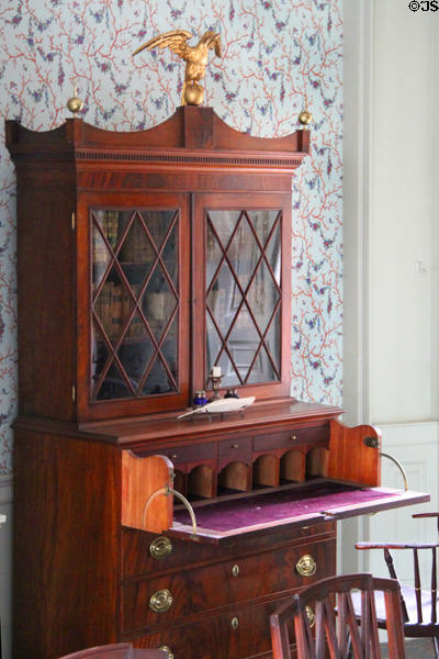 Early-American drop-front desk & bookcase at Gardner Pingree House. Salem, MA.
