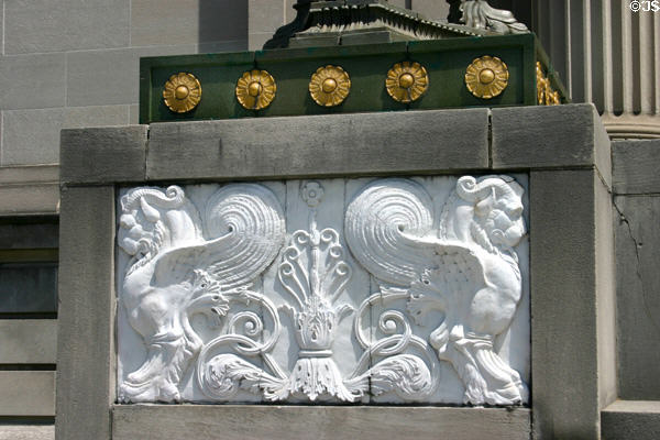 Winged creatures carved on Quincy Masonic Temple. Quincy, MA.