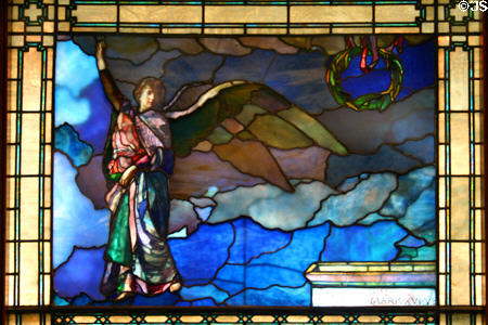Stained glass window of angel by John La Farge in Crane Library. Quincy, MA.