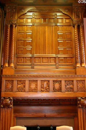Fireplace carved with crests in Crane Library H.H. Richardson. Quincy, MA.