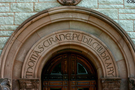 Portal of Crane Library Colletti addition (1938). Quincy, MA. Style: Romanesque & Art Deco. Architect: Paul A. Colletti & Carroll Colletti.