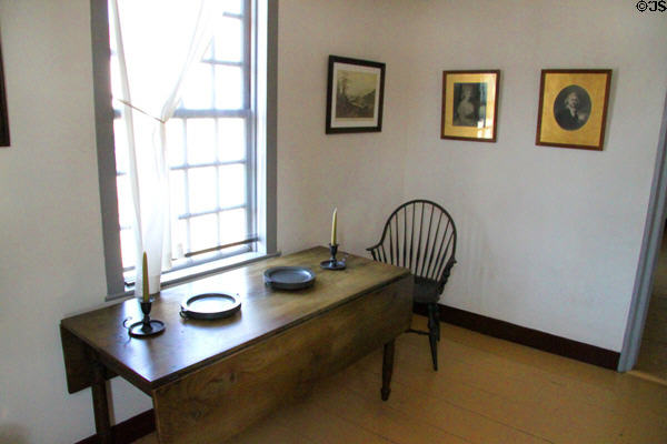 Table with pewter plates at John Quincy Adams birthplace. Quincy, MA.