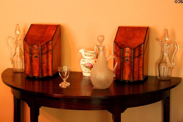 Knife boxes & glass vessels in dining room at Peacefield. Quincy, MA.