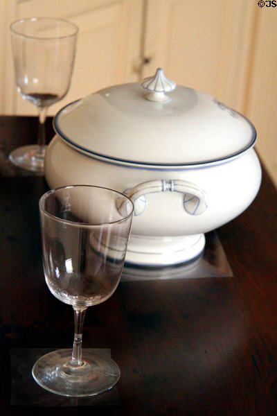 Tureen & glass stemware in Memorial room at Peacefield. Quincy, MA.