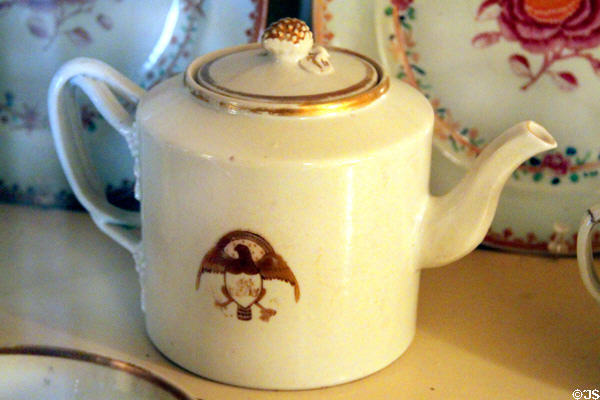 Porcelain coffee pot used by John Adams with federal eagle holding arrows & olive branch at Peacefield. Quincy, MA.