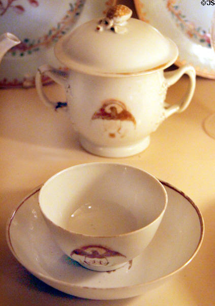 Porcelain covered bowl & cup & saucer used by John Adams with federal eagle symbol at Peacefield. Quincy, MA.
