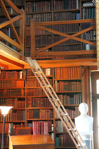 Interior of Stone Library at Peacefield with wooden ladder. Quincy, MA.