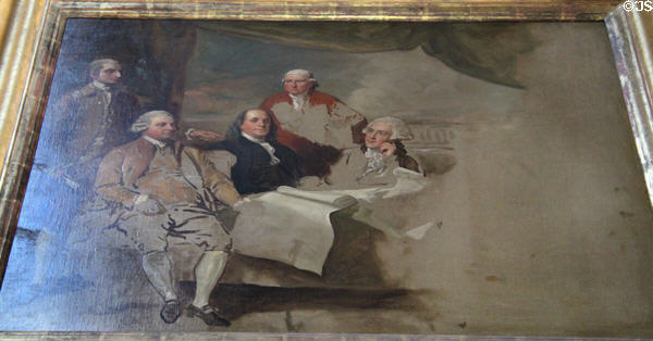 Treaty of Peace unfinished painting (1783) after Benjamin West showing American signers of treaty ending American Revolution for which British signers refused to pose in Stone Library at Peacefield. Quincy, MA.