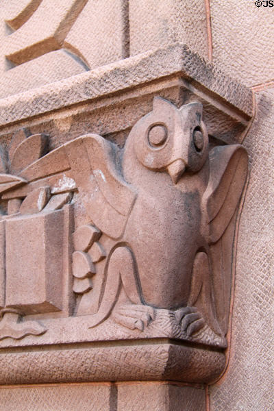 Owl carving (1939) by Joseph A. Coletti on Coletti addition of Quincy Public Library. Quincy, MA.