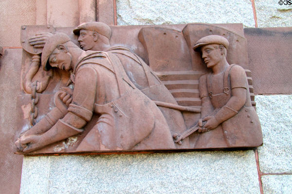 Shipbuilding workers carving (1939) by Joseph A. Coletti on Coletti addition of Quincy Public Library. Quincy, MA.