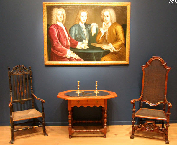 Daniel, Peter & Andrew Oliver portrait (1732) by John Smibert over table & great chairs (c1700-20) at Museum of Fine Arts. Boston, MA.