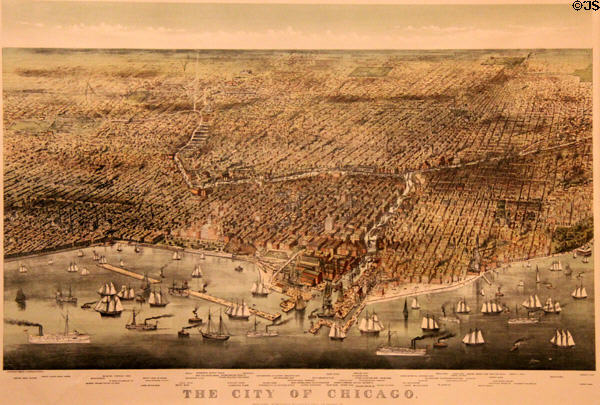 City of Chicago bird's-eye view lithograph (1892) by Currier & Ives at Museum of Fine Arts. Boston, MA.