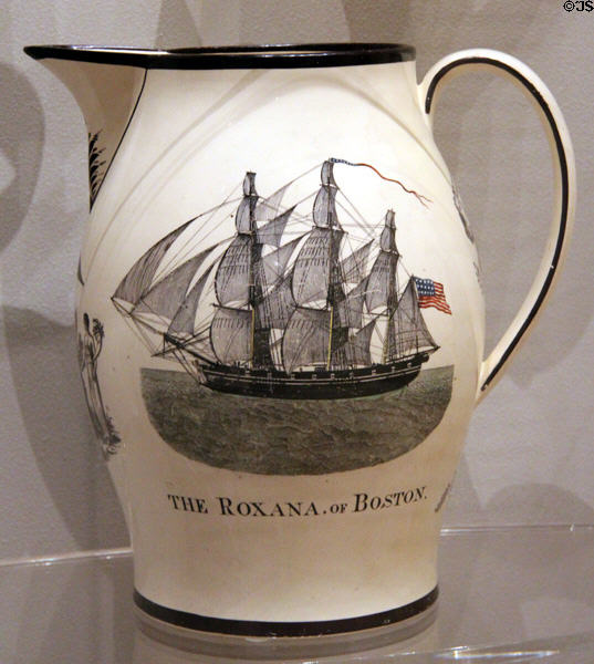 Creamware pitcher with ship Roxana of Boston (c1806-24) by Herculaneum Pottery of Liverpool, England at Museum of Fine Arts. Boston, MA.