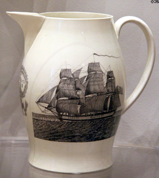 Creamware pitcher called Peace, Plenty, & Independence with ship (c1790-1810) prob. from Liverpool, England at Museum of Fine Arts. Boston, MA.