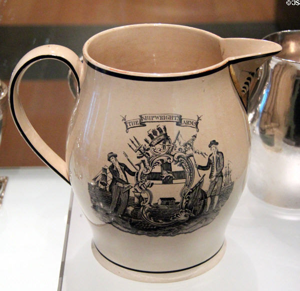 Creamware pitcher called The Shipwrights Arms (c1820) from Liverpool, England at Museum of Fine Arts. Boston, MA.