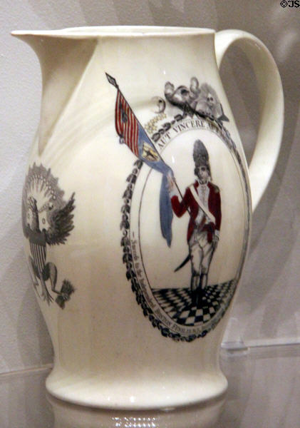Creamware pitcher called Boston Fusilier (c1790-99) from Staffordshire or Liverpool, England at Museum of Fine Arts. Boston, MA.