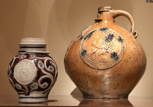 Salt-glazed stoneware jug (1600-25 & 1690-99) from Germany at Museum of Fine Arts. Boston, MA.