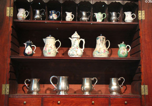 Collection of porcelain & pewter pots & jugs (18th C) at Museum of Fine Arts. Boston, MA.
