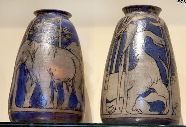 Stoneware vases with mammoths & dinosaurs (c1905-25) by Russell Gerry Crook at Museum of Fine Arts. Boston, MA.