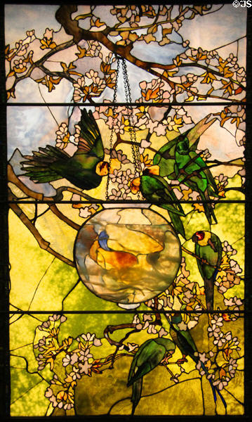 Parakeets & Gold Fish Bowl stained glass window (c1893) by Louis Comfort Tiffany of New York City at Museum of Fine Arts. Boston, MA.
