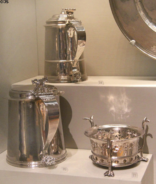 Silver tankards (c1716 & 1690-99) & chafing dish (c1705-20) at Museum of Fine Arts. Boston, MA.