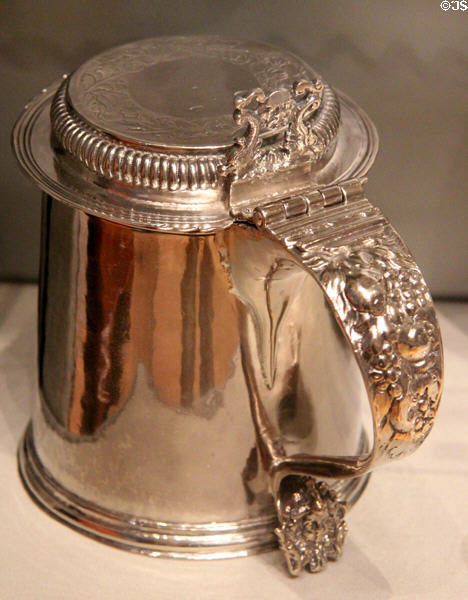 Silver tankard (c1720-5) by Charles Le Roux of New York City at Museum of Fine Arts. Boston, MA.