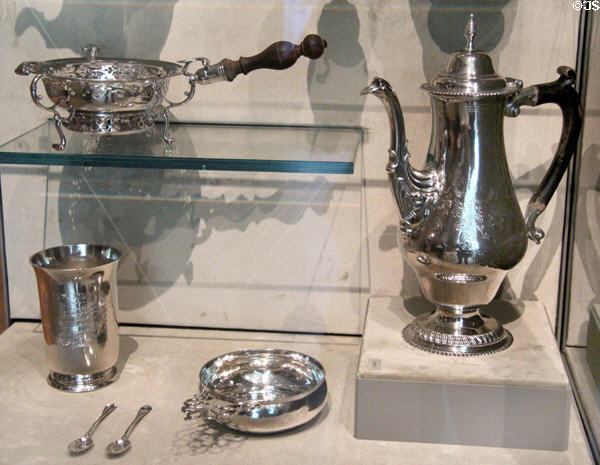 Silver objects (1740-1760) by Paul Revere Sr. & Jr. of Boston at Museum of Fine Arts. Boston, MA.
