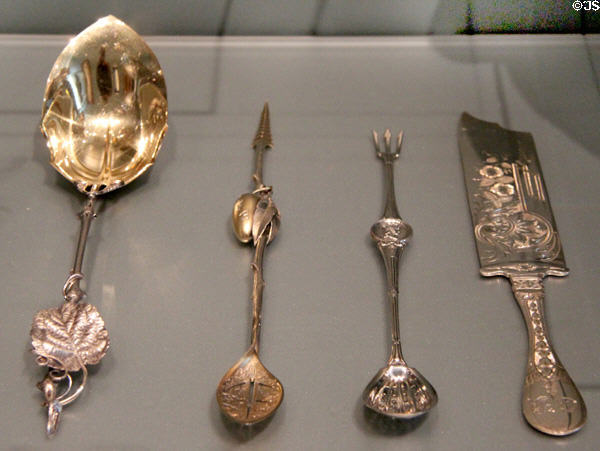 Silverware collection berry spoon (c1875) by Wood & Hughes; olive spoons (1876 & 64) by Gorham Manuf.; & ice cream slicer (1885) by Frank W. Smith Silver Co. at Museum of Fine Arts. Boston, MA.