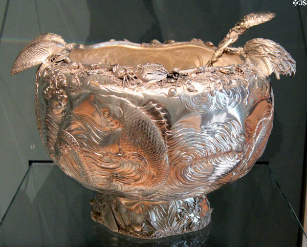 Silver punch bowl & ladle with sea life designs (1885) by Gorham Manuf. Co. of Providence, RI at Museum of Fine Arts. Boston, MA.
