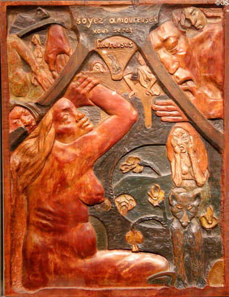 Soyez amoureuses vous serez heureuses wood carving (1889) by Paul Gauguin at Museum of Fine Arts. Boston, MA.