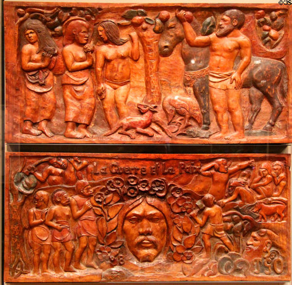 La Paix (top) & La Guerre (bottom) wood carvings (1901) by Paul Gauguin at Museum of Fine Arts. Boston, MA.