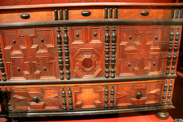 Detail of chest of drawers (1699) from Hampshire County, MA at Museum of Fine Arts. Boston, MA.