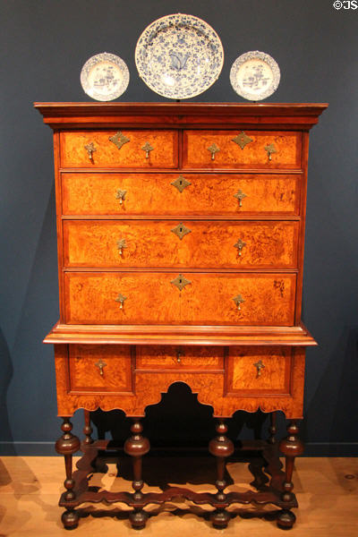 High chest of drawers (c1700-20) probably from Boston, MA at Museum of Fine Arts. Boston, MA.