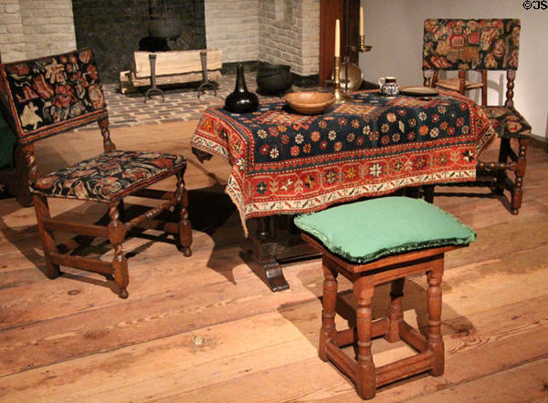 Table (c1680-99) from New York with two Turkey-work chairs (c1675 & 1700) from England plus stool (c1650-99) from Danbury, MA at Museum of Fine Arts. Boston, MA.