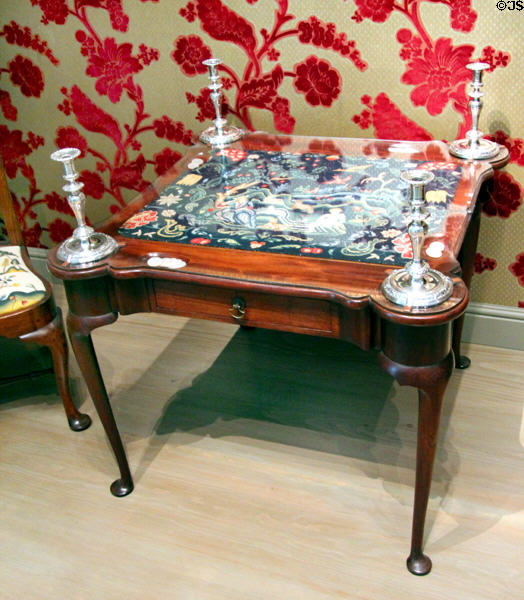 Card table (c1730-59) from Boston, MA with English silver candlesticks at Museum of Fine Arts. Boston, MA.