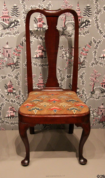 Weathersfield, CT chair (c1740-60) shows slender back splat & rear posts, pointed knee brackets & pad feet at Museum of Fine Arts. Boston, MA.