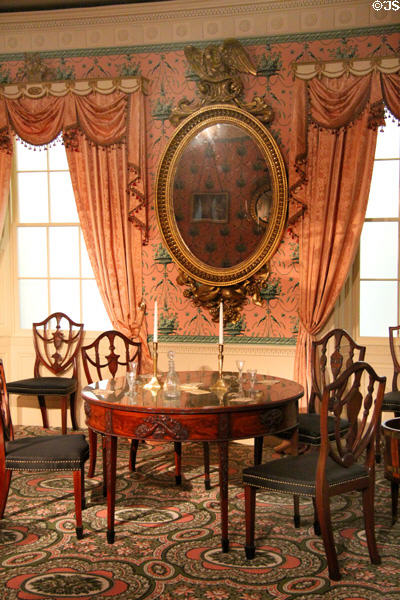 Pier table (c1804-9) by Thomas Seymour of Boston, MA under looking glass (c1800-10) by John Doggett in Oak Hill parlor room at Museum of Fine Arts. Boston, MA.