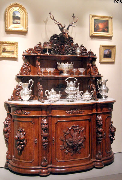 Sideboard carved with symbols of hunt & harvest (c1850-60) by Ignatius Lutz of Philadelphia, PA at Museum of Fine Arts. Boston, MA.