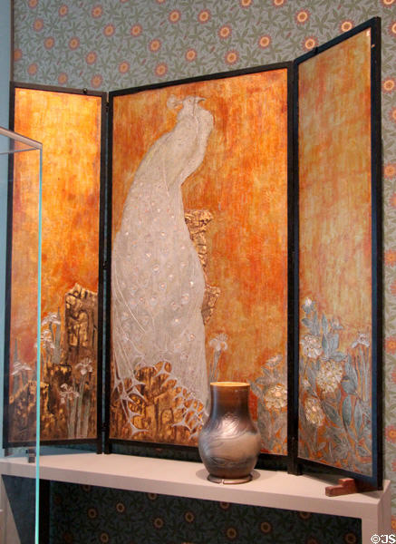 Folding screen (c1890-99) by Brainerd Bliss Thresher of Dayton, OH & vase (1900-10) by Louis Comfort Tiffany at Museum of Fine Arts. Boston, MA.
