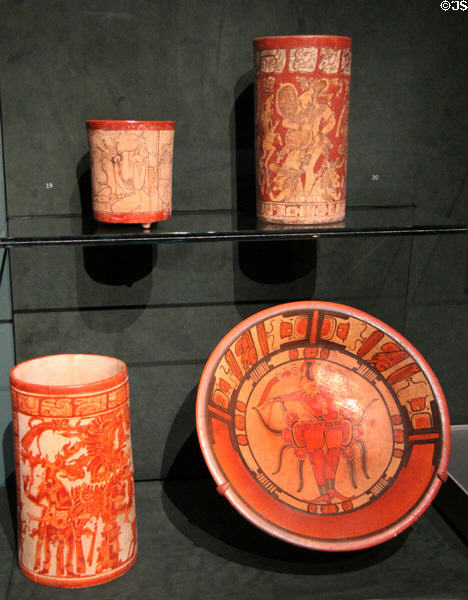 Mayan earthenware vessels (600-800) from Mexico or Guatemala at Museum of Fine Arts. Boston, MA.