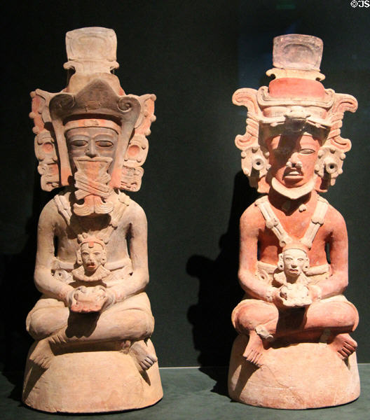 Mayan earthenware incense burners in shape of people (400-440) from Tikal-area of Guatemala at Museum of Fine Arts. Boston, MA.
