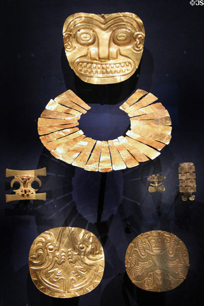 Costa Rican & Panamanian gold masks, pendants, pectorals & cuffs (1-1550 CE) at Museum of Fine Arts. Boston, MA.